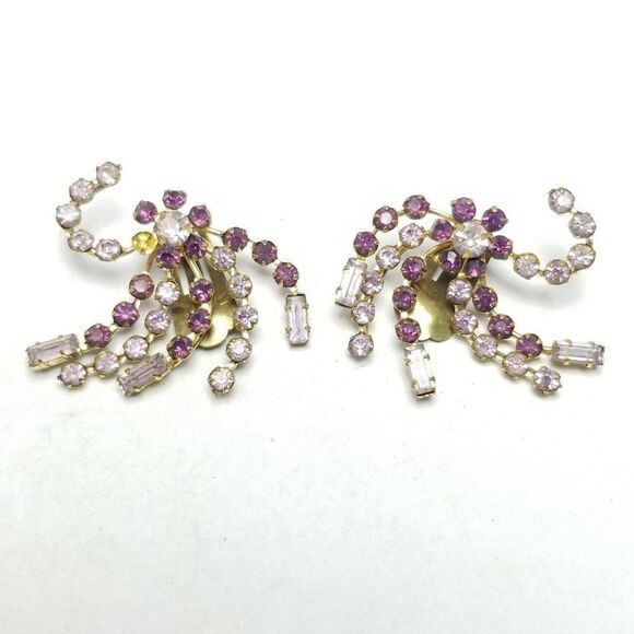 Vintage Purple Rhinestone Flower Spiral Clip On Earrings 60s Style Unique Design - Picture 2 of 7